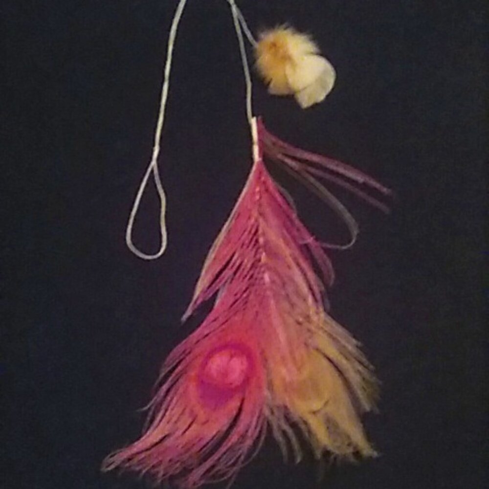 Feather Cat Toy 2 Long Peacock Feathers Fuchsia & Natural Plus Short Handcrafted